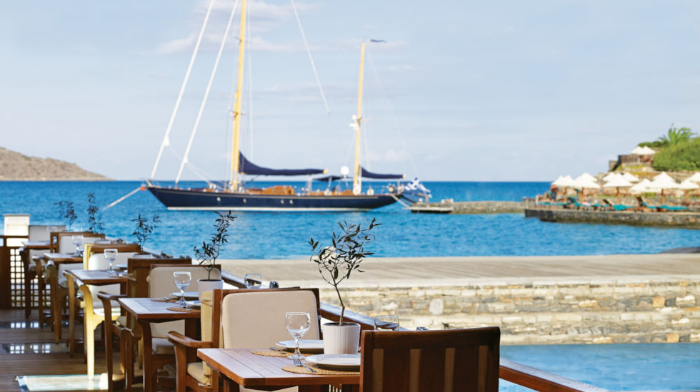 View from Porto Elounda Odysseus Restaurant to Eliana K sailing boat, at the dock View from Porto Elounda Odysseus Restaurant to Eliana K sailing boat, at the dock