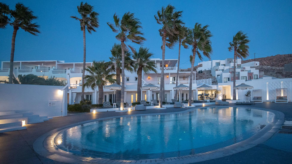 Mykonos Blank Hotel - Evening view from pool Mykonos Blank Hotel - Evening view from pool